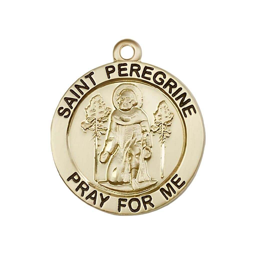 Bliss St. Peregrine Laziosi Pray for Us 14kt Gold Round Medal Pendant, Measures 1-inch tall by 7/8-inch wide. Deluxe Gift Box.