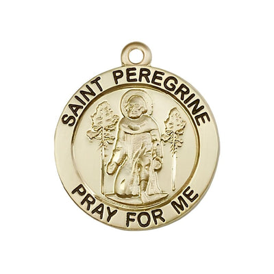 St. Peregrine Laziosi Pray for Us 14kt Gold Round Medal Pendant, Measures 1-inch tall by 7/8-inch wide. Deluxe Gift Box, Bliss Manufacturing
