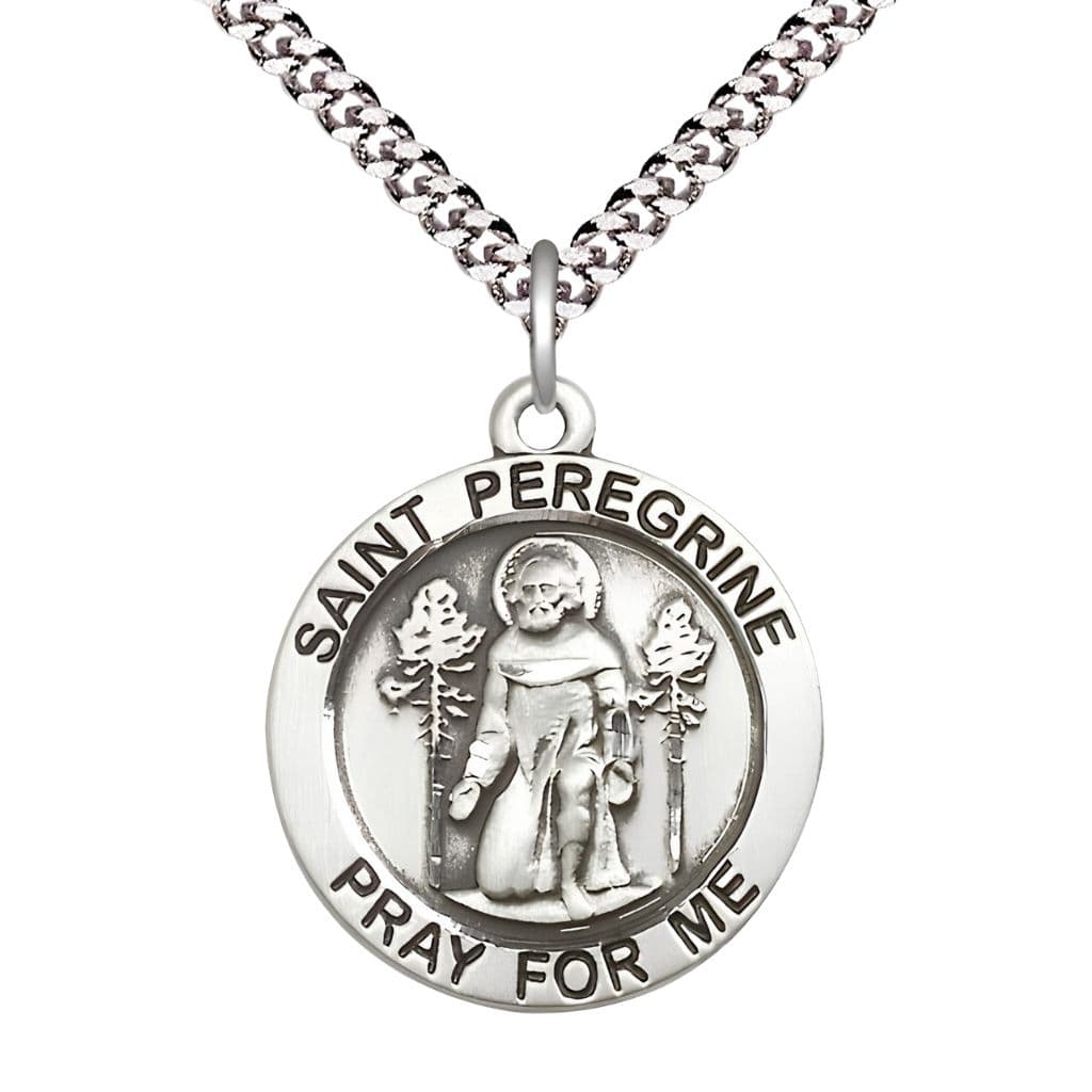 Bliss St. Peregrine Laziosi Pray for Us Pewter Round Medal Pendant with Rhodium-plated Chain, Measures 1-inch tall by 7/8-inch wide. Deluxe Gift Box.