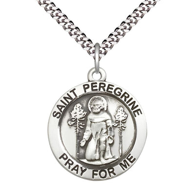 St. Peregrine Laziosi Pray for Us Pewter Round Medal Pendant with Rhodium-plated Chain, Measures 1-inch tall by 7/8-inch wide. Deluxe Gift Box, Bliss Manufacturing
