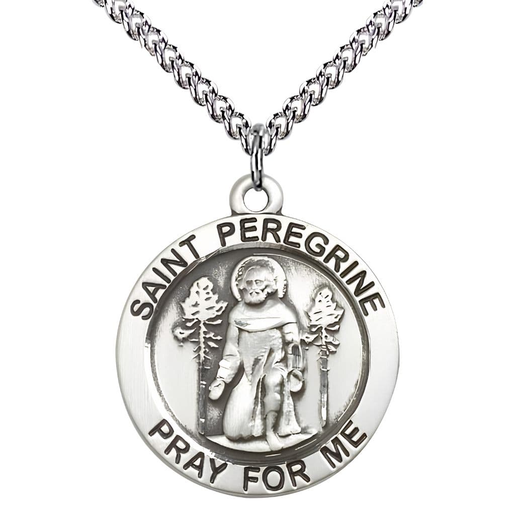 Bliss St. Peregrine Laziosi Pray for Us Sterling Silver Round Medal Pendant with Sterling Silver Chain, Measures 1-inch tall by 7/8-inch wide. Deluxe Gift Box.
