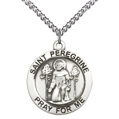 St. Peregrine Laziosi Pray for Us Sterling Silver Round Medal Pendant with Sterling Silver Chain, Measures 1-inch tall by 7/8-inch wide. Deluxe Gift Box, Bliss Manufacturing