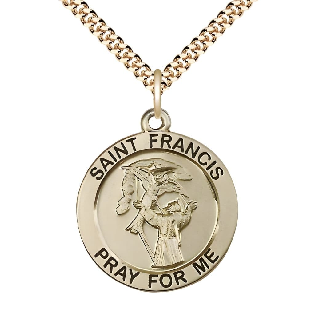 Saint Francis of Assisi 14kt Gold-filled Round Medal with 14kt Gold-plated Curb Chain, Measures 1-inch tall by 7/8-inch wide,