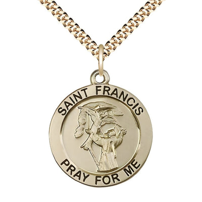 Saint Francis of Assisi 14kt Gold-filled Round Medal with 14kt Gold-plated Curb Chain, Measures 1-inch tall by 7/8-inch wide, Bliss Manufacturing