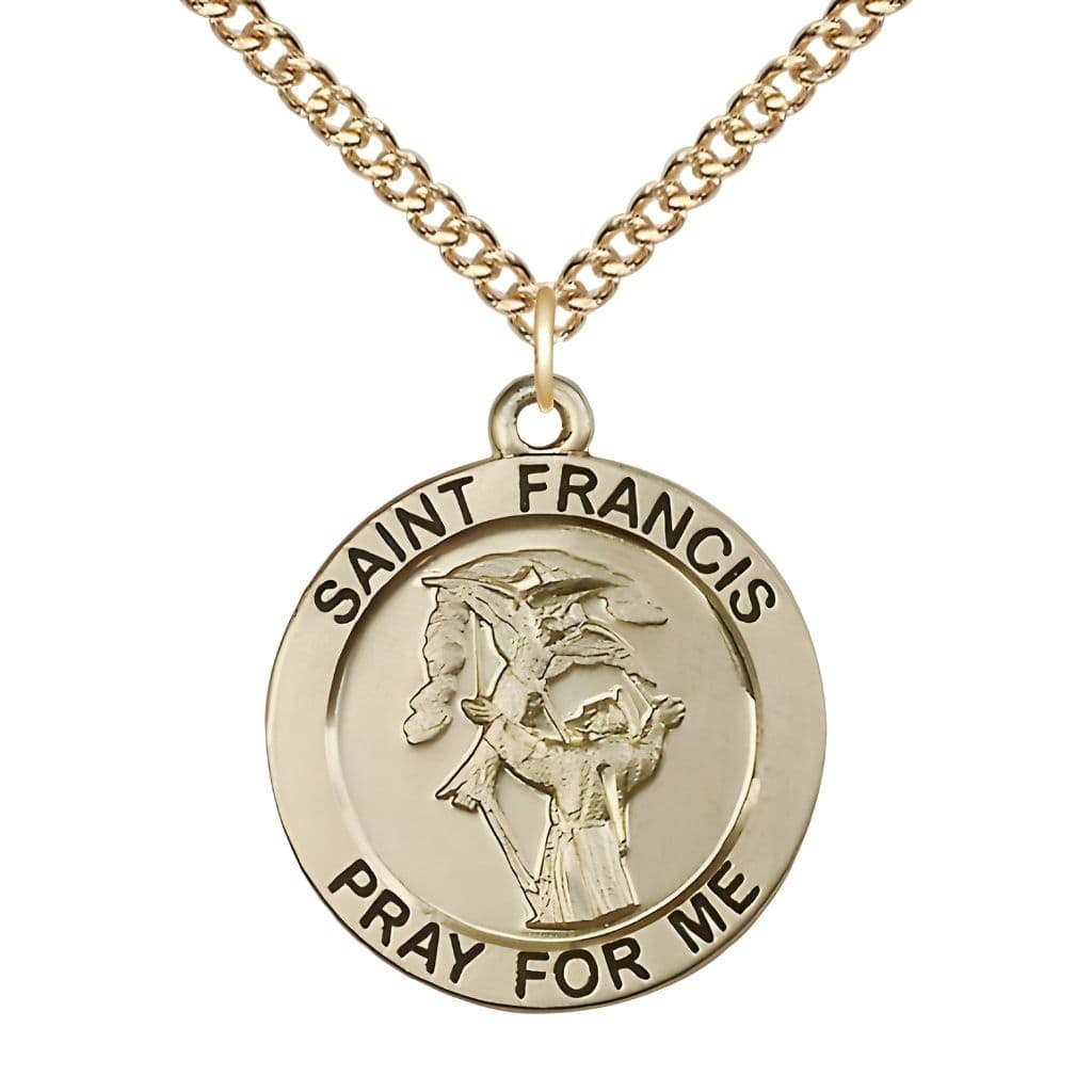 Saint Francis of Assisi 14kt Gold-filled Round Medal with 14kt Gold-filled Curb Chain, Measures 1-inch tall by 7/8-inch wide,