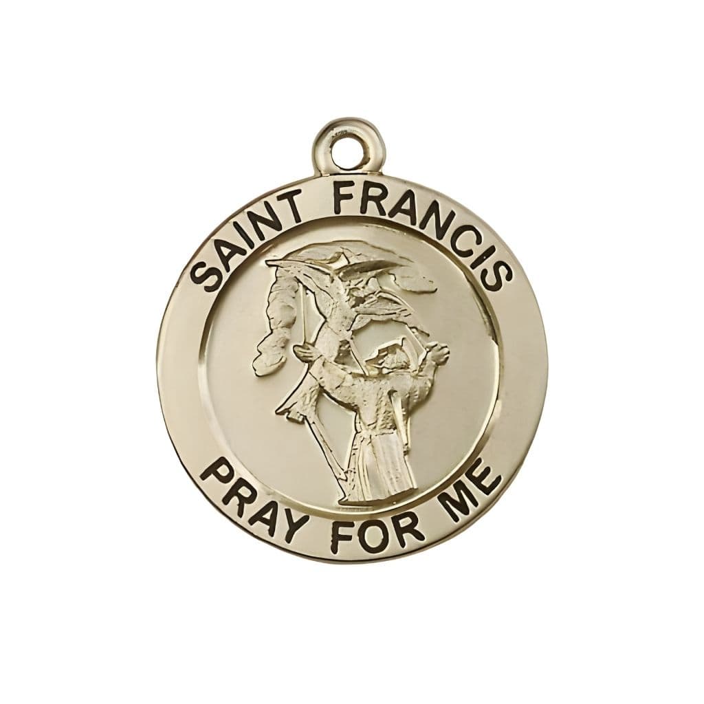 Saint Francis of Assisi 14kt Gold Round Medal, Measures 1-inch tall by 7/8-inch wide