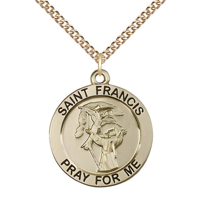 Saint Francis of Assisi 14kt Gold Round Medal with 14kt Gold Curb Chain, Measures 1-inch tall by 7/8-inch wide, Bliss Manufacturing