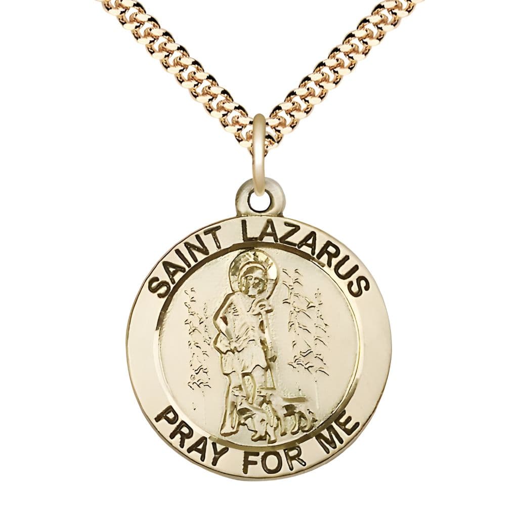 Bliss St. Lazarus 14kt Gold-filled Round Medal Pendant with Gold-plated Chain, Measures 1-inch tall by 7/8-inch wide.