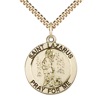 St. Lazarus 14kt Gold-filled Round Medal Pendant with Gold-plated Chain, Measures 1-inch tall by 7/8-inch wide, Bliss Manufacturing