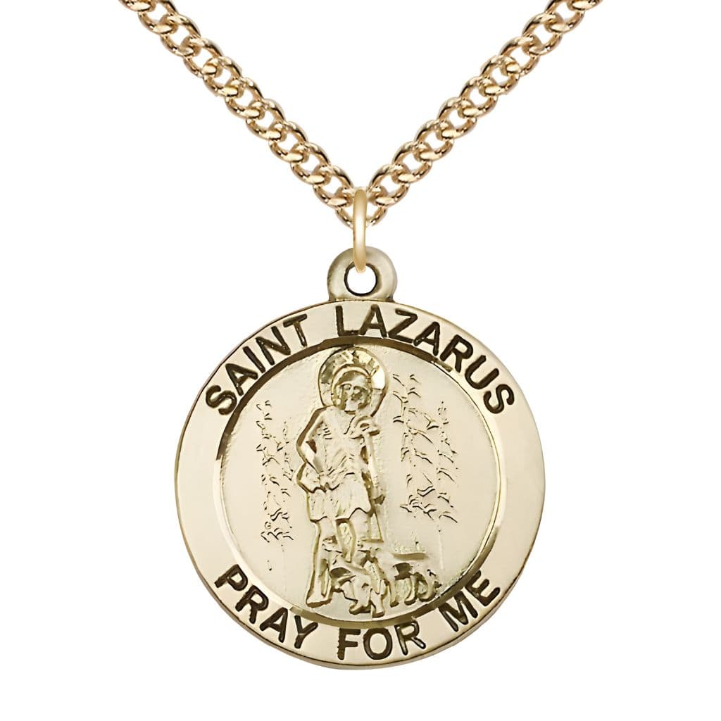 Bliss St. Lazarus 14kt Gold-filled Round Medal Pendant with Gold-filled Chain, Measures 1-inch tall by 7/8-inch wide.