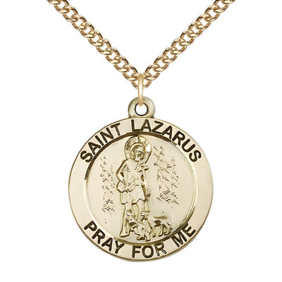 St. Lazarus 14kt Gold-filled Round Medal Pendant with Gold-filled Chain, Measures 1-inch tall by 7/8-inch wide, Bliss Manufacturing