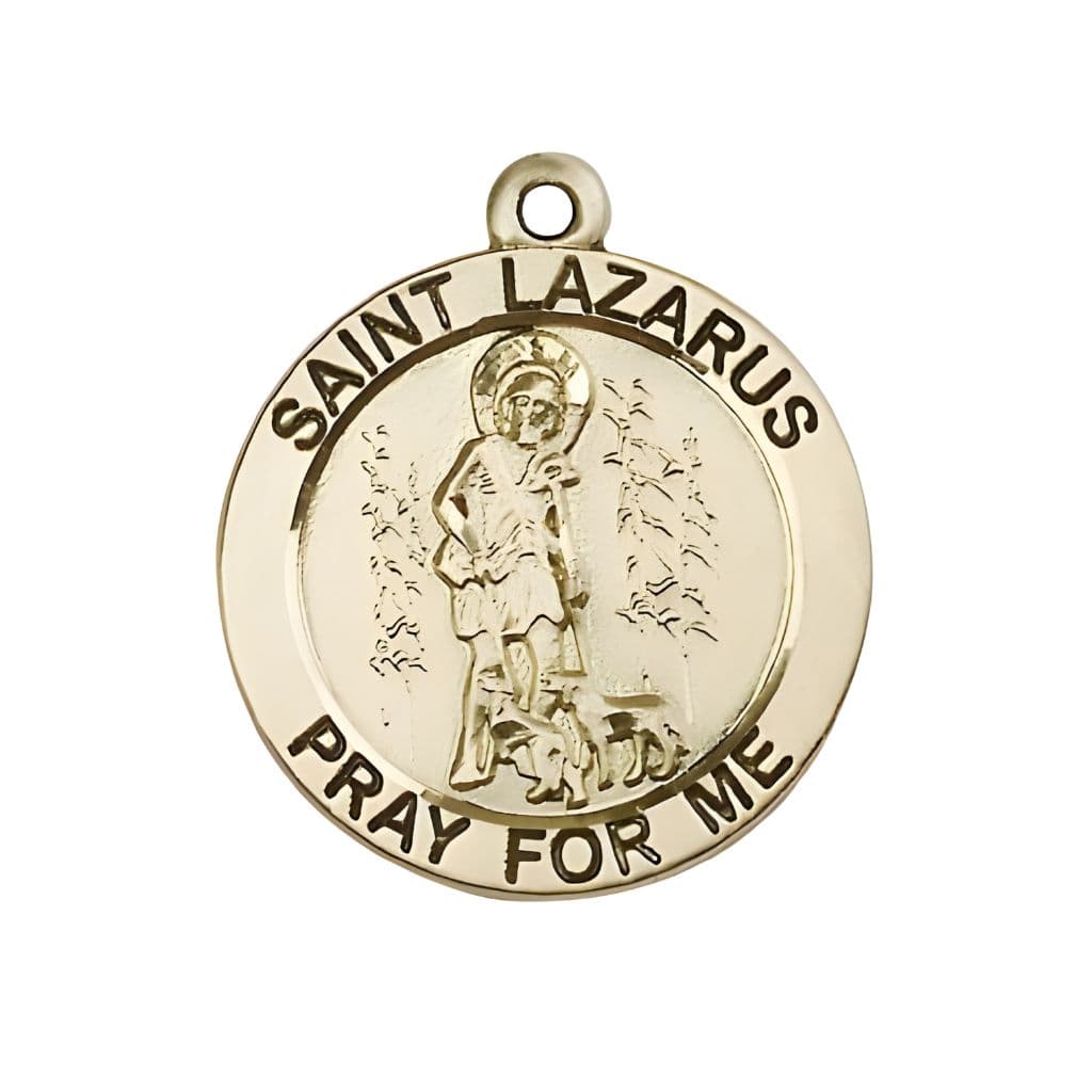 Bliss St. Lazarus 14kt Gold Round Pendant, Medal Measures 1-inch tall by 7/8-inch wide.