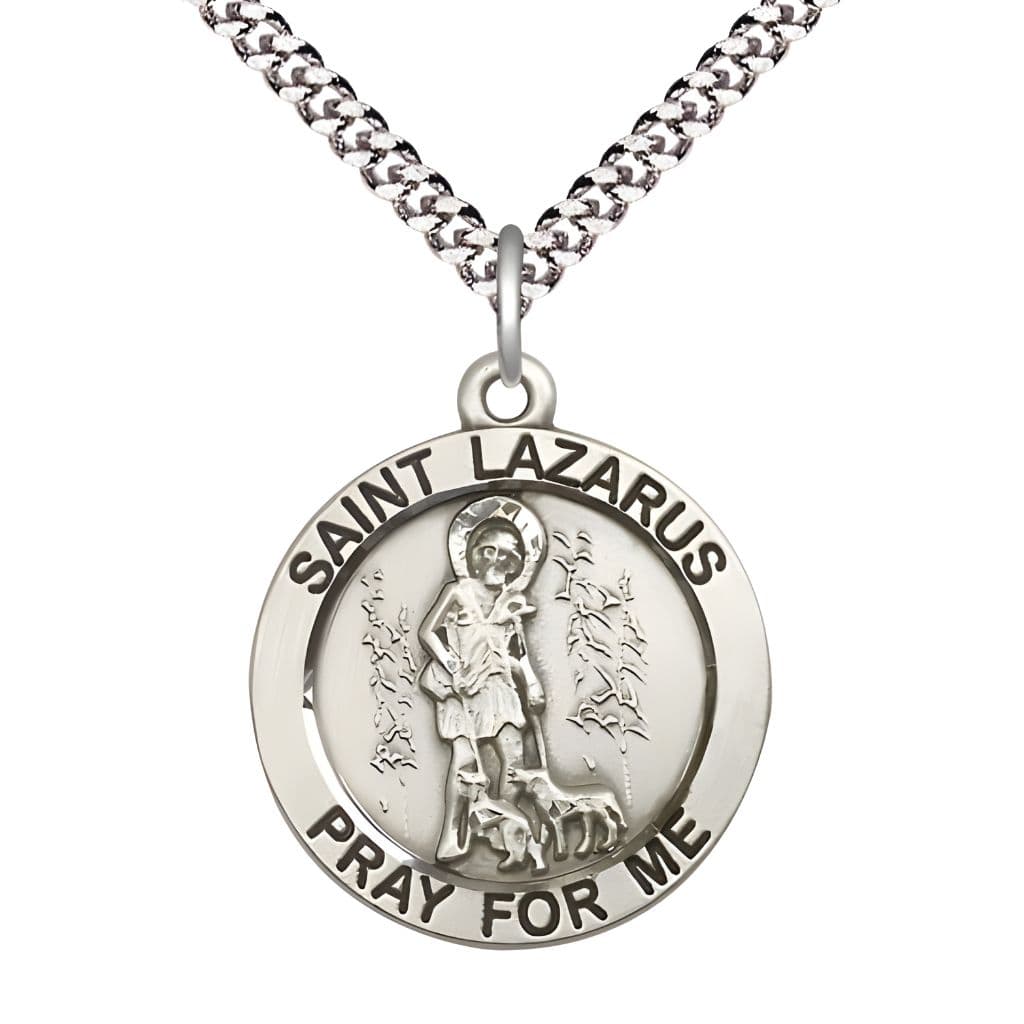 Bliss St. Lazarus Sterling Silver Round Medal Pendant with Rhodium-plated Chain, Measures 1-inch tall by 7/8-inch wide.