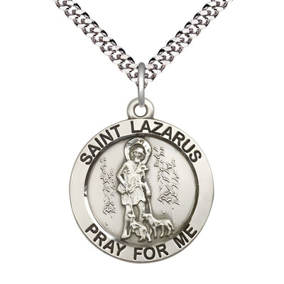 St. Lazarus Sterling Silver Round Medal Pendant with Rhodium-plated Chain, Measures 1-inch tall by 7/8-inch wide, Bliss Manufacturing