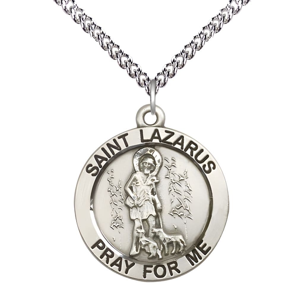 Bliss St. Lazarus Sterling Silver Round Medal Pendant with Sterling Chain, Measures 1-inch tall by 7/8-inch wide.