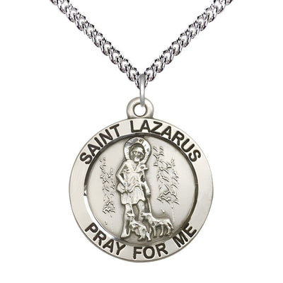 St. Lazarus Sterling Silver Round Medal Pendant with Sterling Chain, Measures 1-inch tall by 7/8-inch wide, Bliss Manufacturing