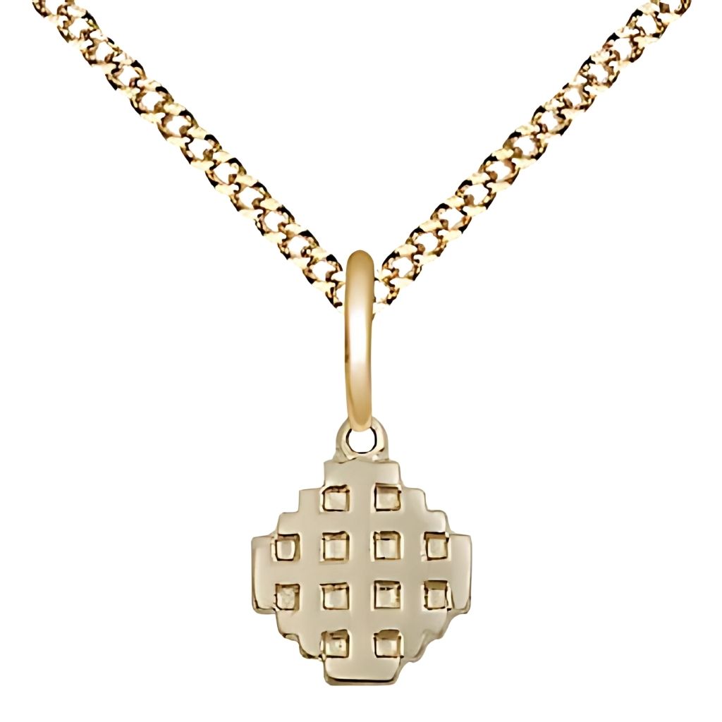 Bliss Small Jerusalem Cross 14kt Gold-filled Medal Necklace with plated chain, Measures 3/8-inch tall by 1/4-inch wide