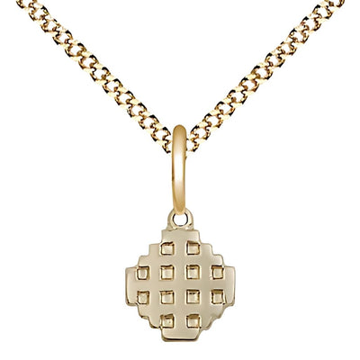 Small Jerusalem Cross 14kt Gold-filled Medal Necklace with plated chain, Measures 3/8-inch tall by 1/4-inch wide, Bliss Manufacturing