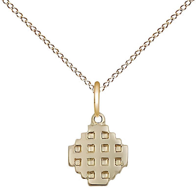 Small Jerusalem Cross 14kt Gold-filled Medal Necklace with Gold-filled Chain, Measures 3/8-inch tall by 1/4-inch wide, Bliss Manufacturing