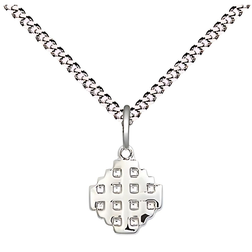 Bliss Small Jerusalem Cross Sterling Silver Medal Necklace with plated chain, Measures 3/8-inch tall by 1/4-inch wide