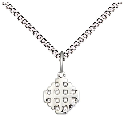 Small Jerusalem Cross Sterling Silver Medal Necklace with plated chain, Measures 3/8-inch tall by 1/4-inch wide, Bliss Manufacturing