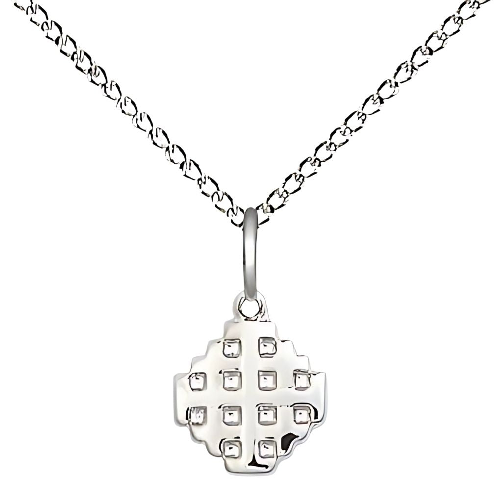 Bliss Small Jerusalem Cross Sterling Silver Medal Necklace with sterling silver chain, Measures 3/8-inch tall by 1/4-inch wide