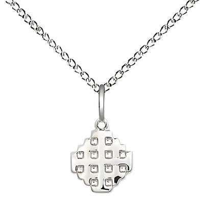 Small Jerusalem Cross Sterling Silver Medal Necklace with sterling silver chain, Measures 3/8-inch tall by 1/4-inch wide, Bliss Manufacturing
