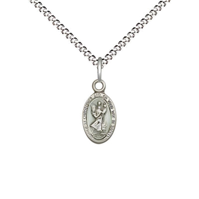 St. Christopher children’s blue epoxy oval medal sterling silver oval medal with plated chain, Measures 1/2-inch tall by 1/4-inch wide, Bliss Manufacturing
