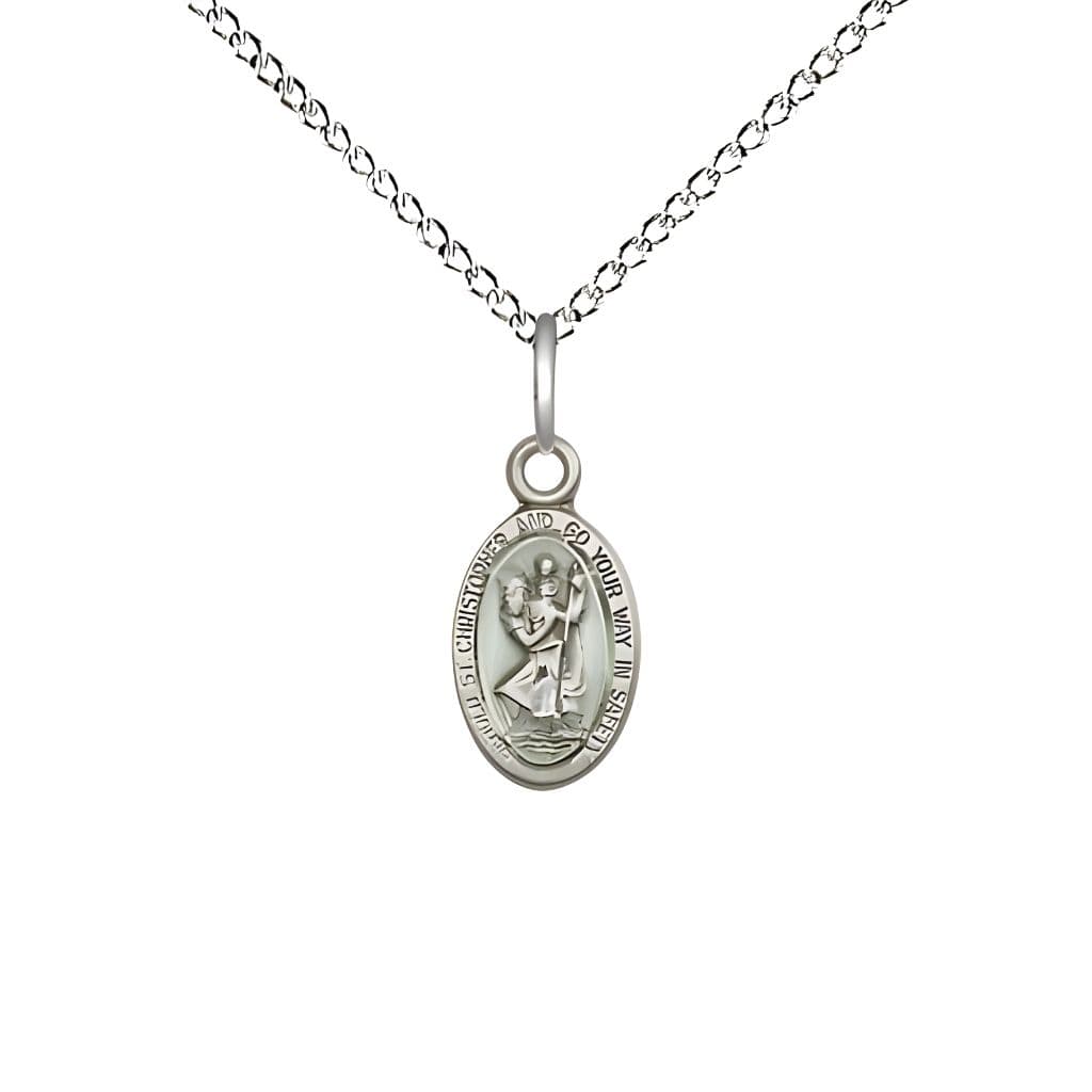 St. Christopher children’s blue epoxy oval medal sterling silver oval medal with sterling silver chain, Made in USA by Bliss, Measures 1/2-inch tall by 1/4-inch wide