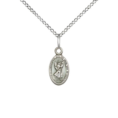 St. Christopher children’s blue epoxy oval medal sterling silver oval medal with sterling silver chain, Measures 1/2-inch tall by 1/4-inch wide, Bliss Manufacturing