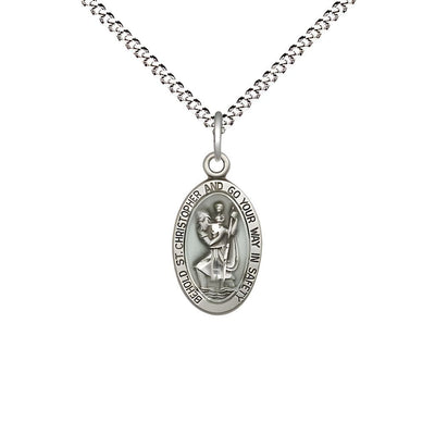 St. Christopher children’s blue epoxy oval medal sterling silver oval medal with plated chain, Measures 5/8-inch tall by 3/8 - inch wide, Bliss Manufacturing