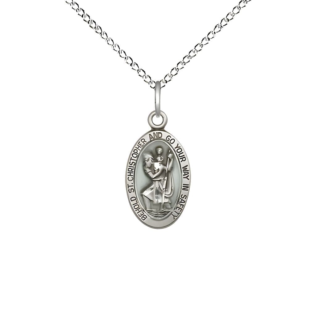 St. Christopher children’s blue epoxy oval medal sterling silver oval medal with sterling silver chain, Made in USA by Bliss, Measures 5/8-inch tall by 3/8 - inch wide