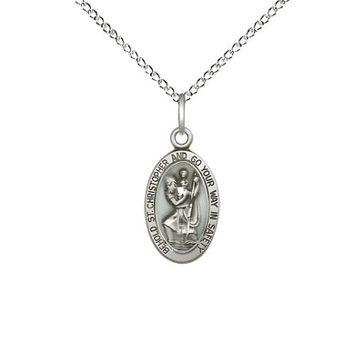 St. Christopher children’s blue epoxy oval medal sterling silver oval medal with sterling silver chain, Measures 5/8-inch tall by 3/8 - inch wide, Bliss Manufacturing