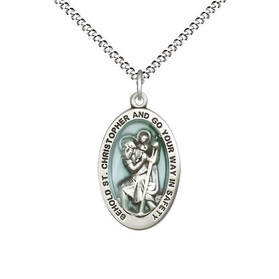 Oval Blue St. Christopher Sterling Silver Necklace with Plated Chain, Measures 7/8-inch tall by 1/2-inch wide, Bliss Manufacturing