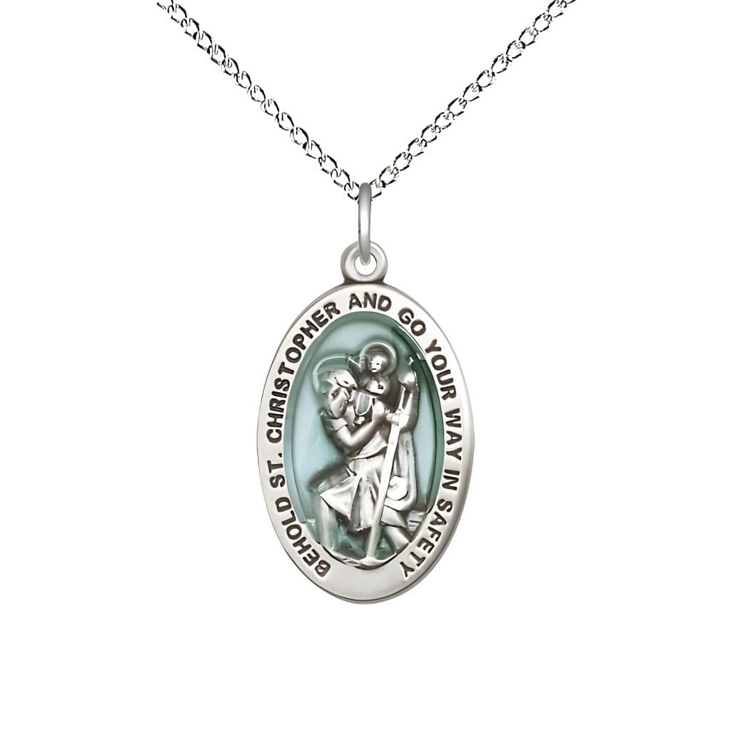 Bliss Oval Blue St. Christopher Sterling Silver Necklace with Sterling Silver Chain, Measures 7/8-inch tall by 1/2-inch wide.