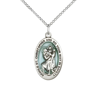 Oval Blue St. Christopher Sterling Silver Necklace with Sterling Silver Chain, Measures 7/8-inch tall by 1/2-inch wide, Bliss Manufacturing