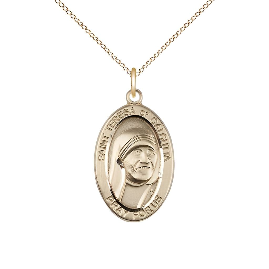 Bliss St. Teresa of Calcutta 14kt Gold Oval Medal with 14kt Gold Chain Necklace, Measures 7/8-inch tall by 1/2-inch wide