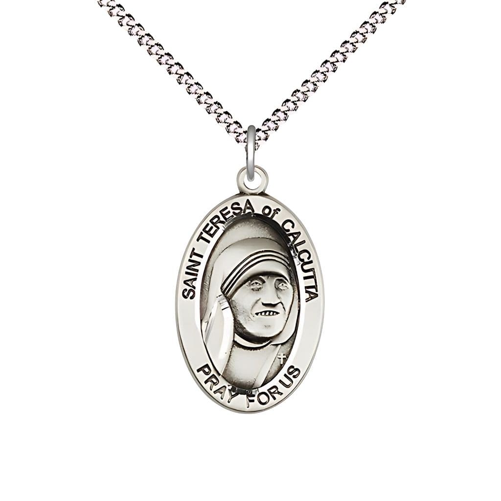 Bliss St. Teresa of Calcutta Sterling Silver Oval Medal with Rhodium-plated Chain Necklace, Measures 7/8-inch tall by 1/2-inch wide