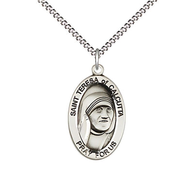 St. Teresa of Calcutta Sterling Silver Oval Medal with Rhodium-plated Chain Necklace, Measures 7/8-inch tall by 1/2-inch wide, Bliss Manufacturing