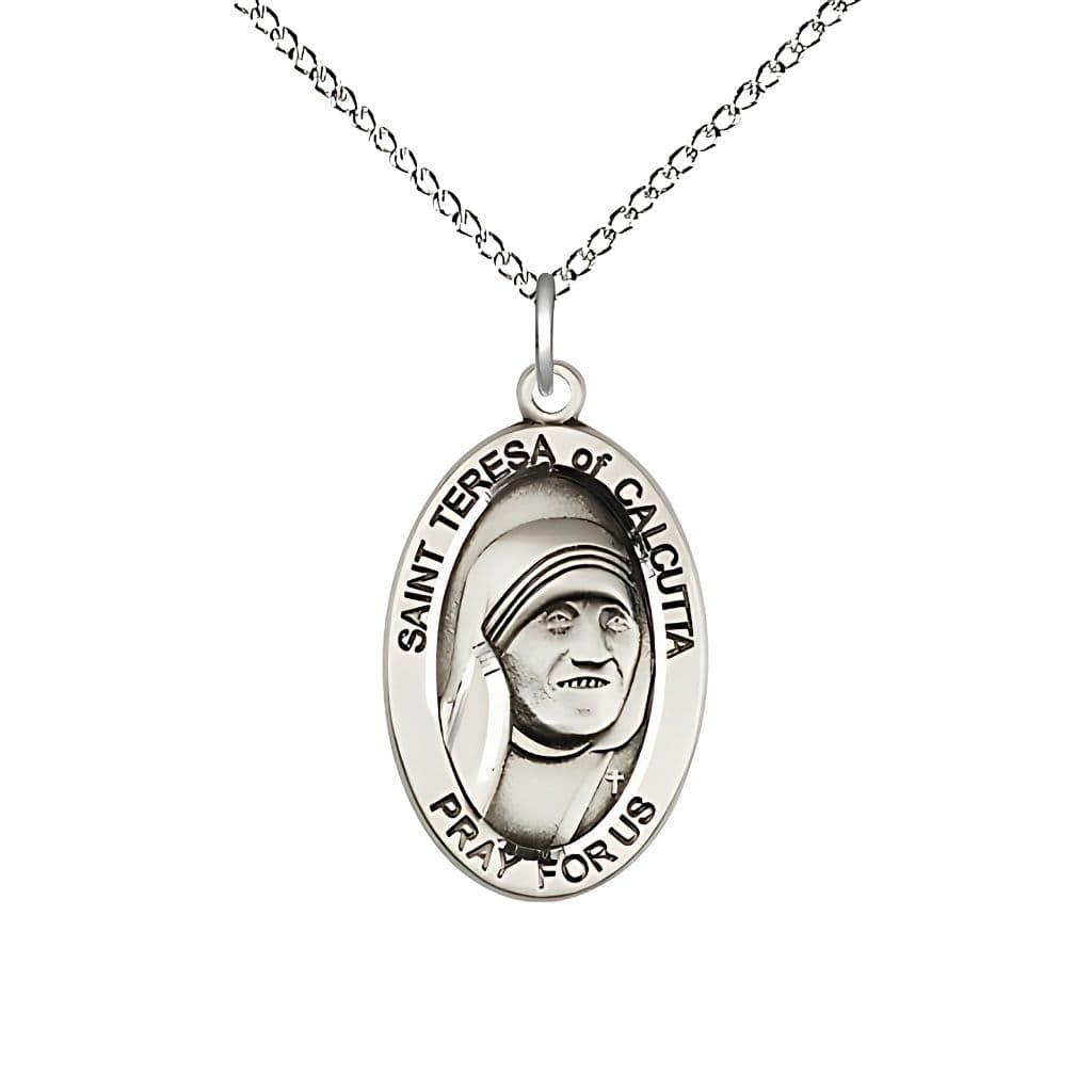 Bliss St. Teresa of Calcutta Sterling Silver Oval Medal with Sterling Silver Chain Necklace, Measures 7/8-inch tall by 1/2-inch wide