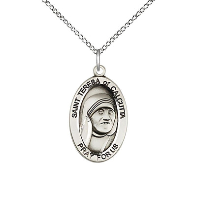 St. Teresa of Calcutta Sterling Silver Oval Medal with Sterling Silver Chain Necklace, Measures 7/8-inch tall by 1/2-inch wide, Bliss Manufacturing