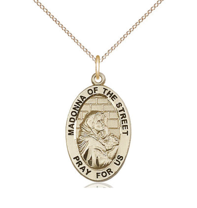 14kt Gold Filled Madonna of the Street Pendant on a 18 inch Gold Filled Light Curb Chain, Bliss Manufacturing