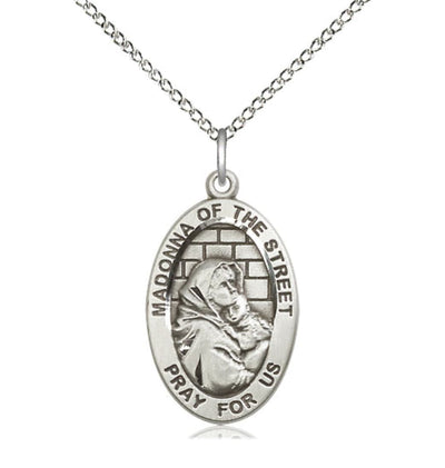 Sterling Silver Madonna of the Street Pendant on a 18 inch Sterling Silver Light Curb Chain, Bliss Manufacturing
