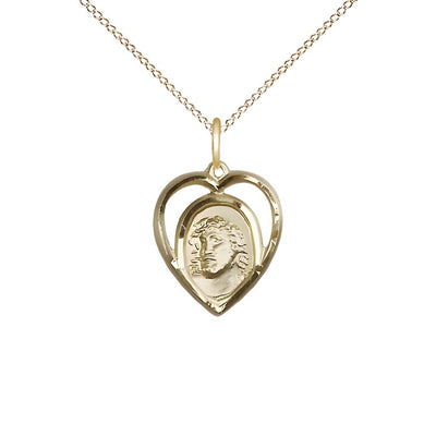 Heart Shaped Ecce Homo14kt Gold=filled Medal with Gold-filled Chain, Measures 5/8-inch tall by 1/2-inch wide, Bliss Manufacturing