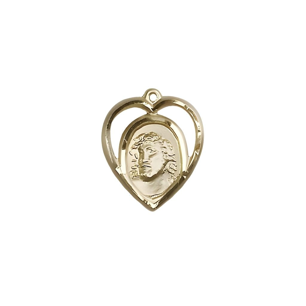 Bliss Heart Shaped Ecce Homo14kt Gold Medal, Measures 5/8-inch tall by 1/2-inch wide