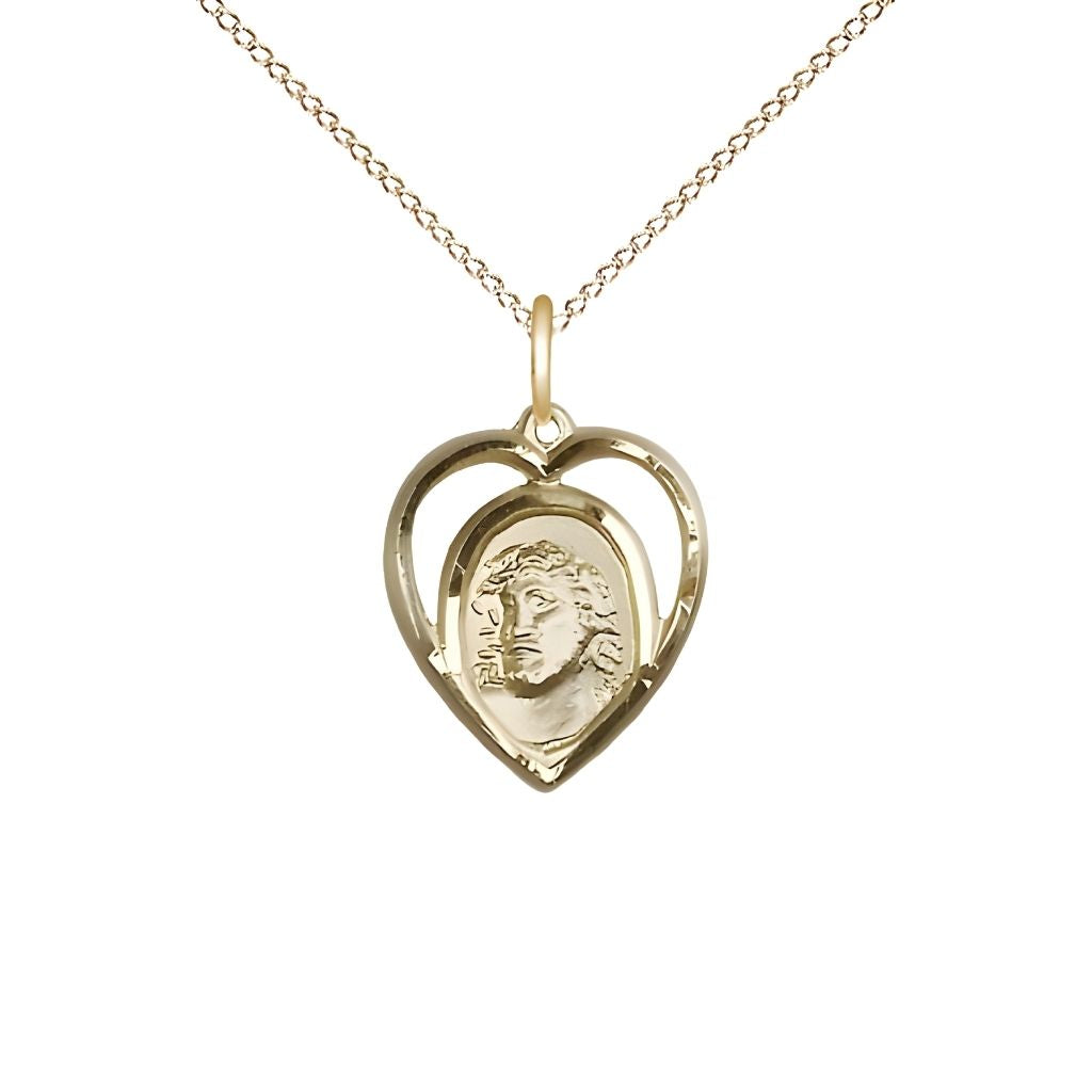 Bliss Heart Shaped Ecce Homo14kt Gold Medal with 14kt Gold Chain, Measures 5/8-inch tall by 1/2-inch wide