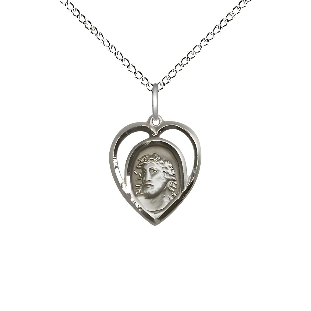 Bliss Heart Shaped Ecce Homo Sterling Silver Medal with Sterling Chain, Measures 5/8-inch tall by 1/2-inch wide