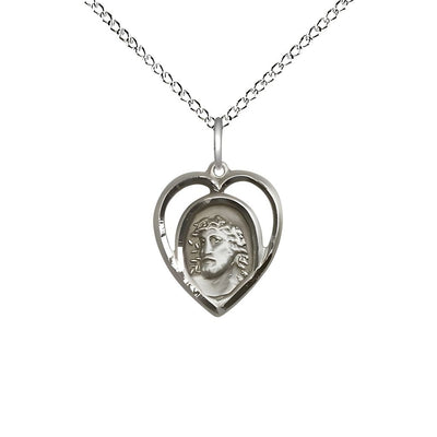 Heart Shaped Ecce Homo Sterling Silver Medal with Sterling Chain, Measures 5/8-inch tall by 1/2-inch wide, Bliss Manufacturing