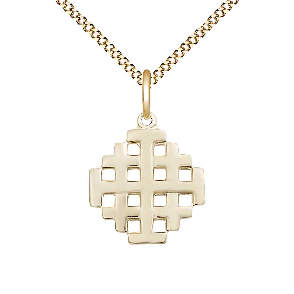 Bliss Jerusalem Cross 14kt Gold-filled Medal Necklace with Gold-plated Light Curb Chain,  Measures 3/4-inch tall by 5/8-inch wide