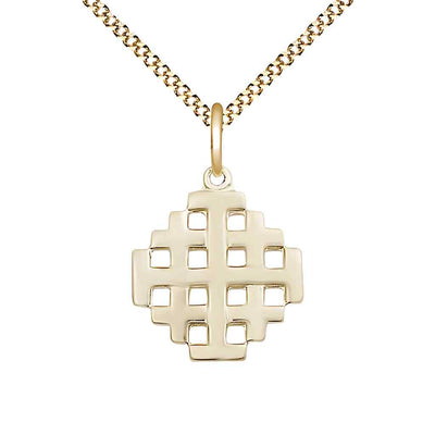 Jerusalem Cross 14kt Gold-filled Medal Necklace with Gold-plated Light Curb Chain, Measures 3/4-inch tall by 5/8-inch wide, Bliss Manufacturing